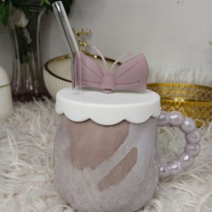 Creative Bowknot Ceramic Milk Water Cup with Straw