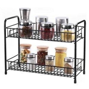 Tier Black Metal Spice Rack – Kitchen & Bathroom Countertop Organizer