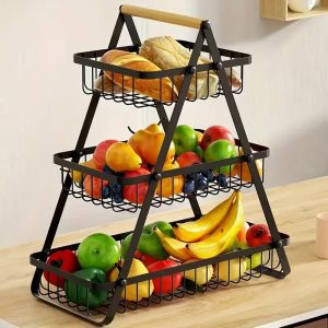 3-Tier Black Metal Fruit Basket with Wooden Handle