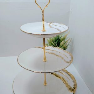 ier Ceramic Leaf Cake Stand – Elegant White & Gold Dessert Display Tray | 3 Tier Serving Stand for Wedding, Birthday & Tea Party