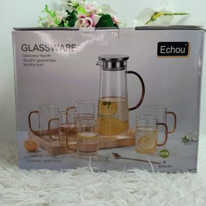 Echou Delicacy Premium Glassware Set – 8 Pieces (6 Glasses + 1 Jug + 1 Wooden Tray) | Health & Quality Assured | 1450ML/270ML