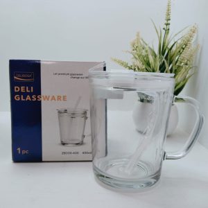 Delisoga Glass Coffee Mug with Airtight Lid & Silicone Straw – 400ml